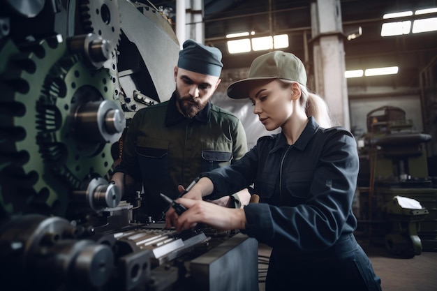 Dois engenheiros de manutenção, um homem e uma mulher, inspecionando de perto uma grande máquina industrial