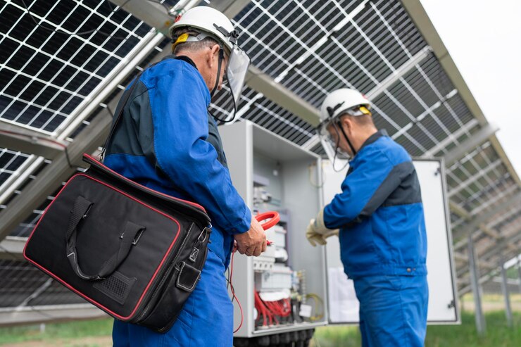 Dois engenheiros de serviço ou eletricistas trabalhando na verificação do local do transformador e na resolução de problemas para