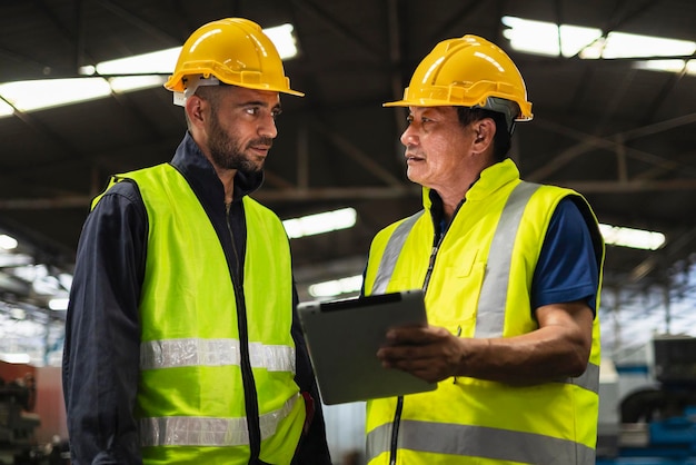 dois engenheiros procuram projetos e planejamento com tablets móveis na fábrica