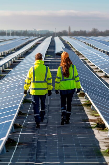 Dois engenheiros técnicos caminham através de uma planta de painéis solares Conceito de energia renovável Dia do Meio Ambiente