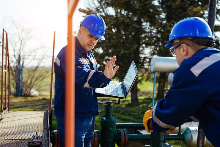 Dois engenheiros trabalhando dentro da refinaria de petróleo e gás