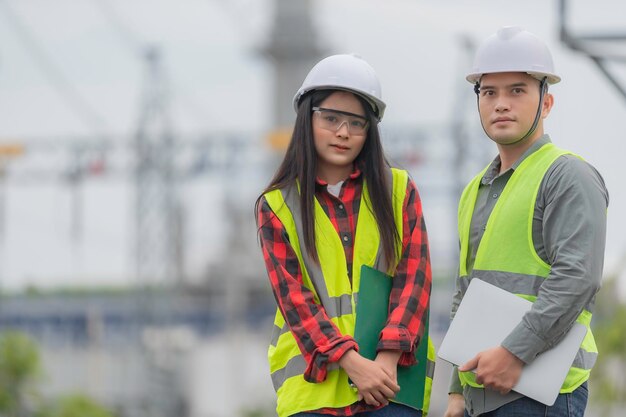 Dois engenheiros trabalhando em uma usina elétricaTrabalham juntos felizesAjudam-se mutuamente na análise do problemaConsulte as diretrizes de desenvolvimento