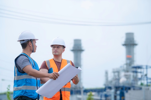 Dois engenheiros trabalhando em uma usina elétricaTrabalham juntos felizesAjudam-se mutuamente na análise do problemaConsulte as diretrizes de desenvolvimento