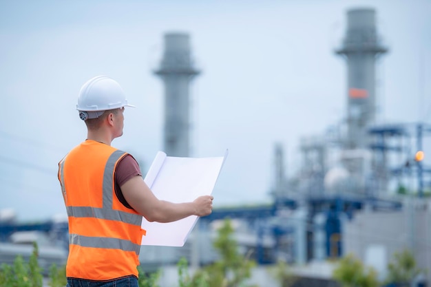 Dois engenheiros trabalhando em uma usina elétricaTrabalham juntos felizesAjudam-se mutuamente na análise do problemaConsulte as diretrizes de desenvolvimento