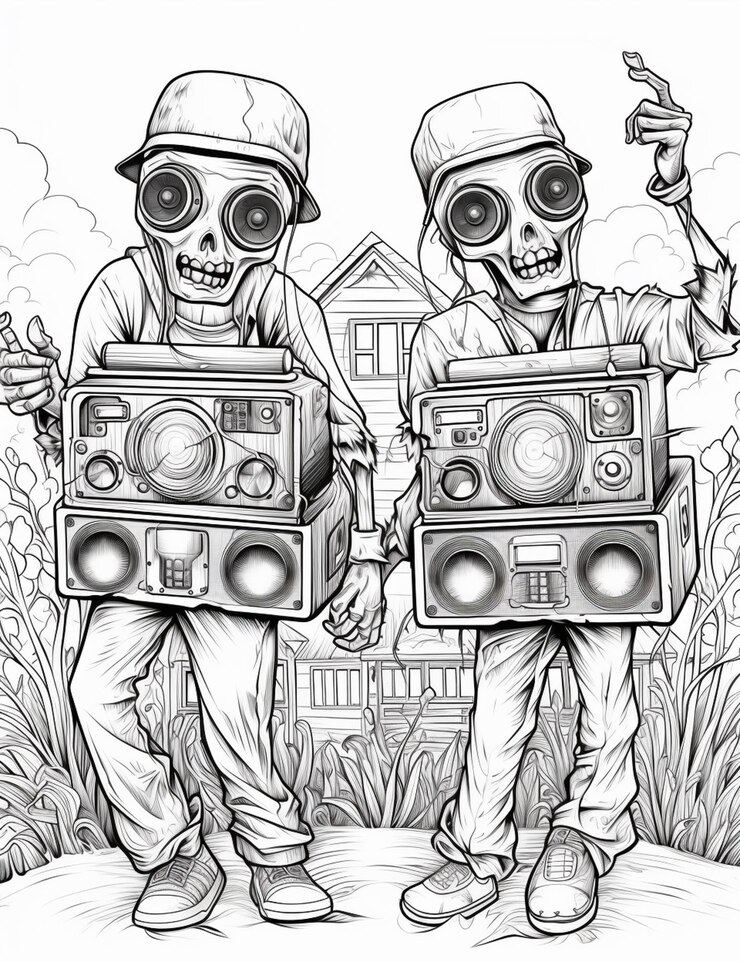 Foto dois esqueletos com boomboxes e um esqueleto em uma máscara de gás generativa ai
