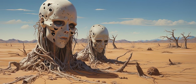 Dois esqueletos estão deitados no deserto um dos quais tem as palavras morte nele