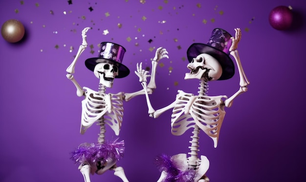 Dois esqueletos felizes dançando em uma festa de Halloween