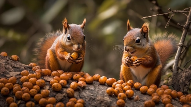 Dois esquilos comendo nozes em uma árvore