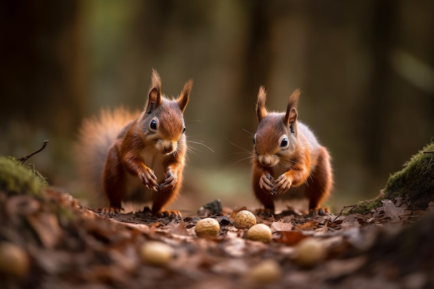 Dois esquilos estão comendo nozes em uma pilha de folhas.