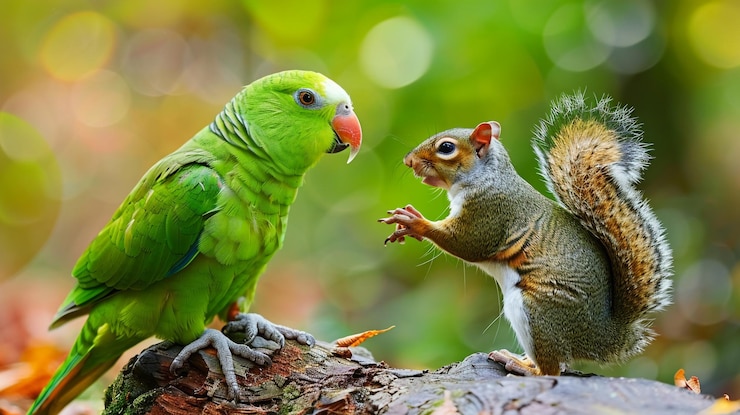 Foto dois esquilos estão numa árvore e um tem um bico vermelho.