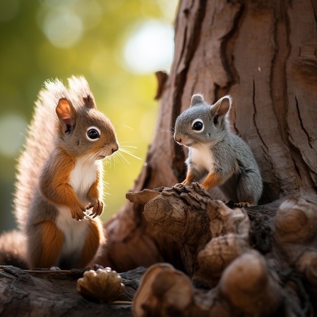 Foto dois esquilos estão sentados numa árvore e um tem um nariz branco.