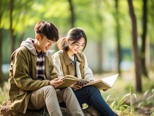 Dois estudantes asiáticos lendo no parque