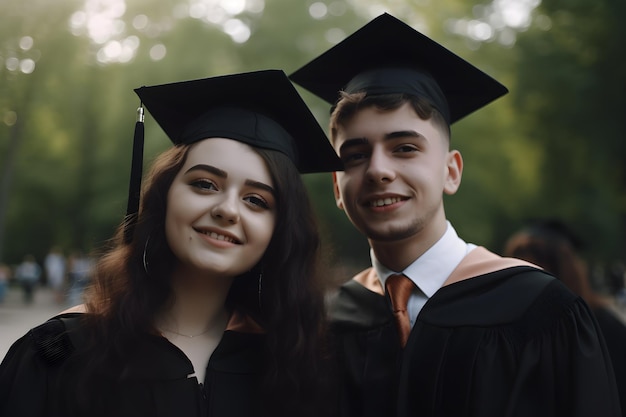 Dois estudantes na formatura com chapéus e vestidos pretos