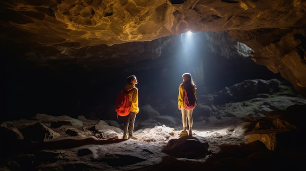 Foto dois exploradores numa caverna com um feixe de luz.