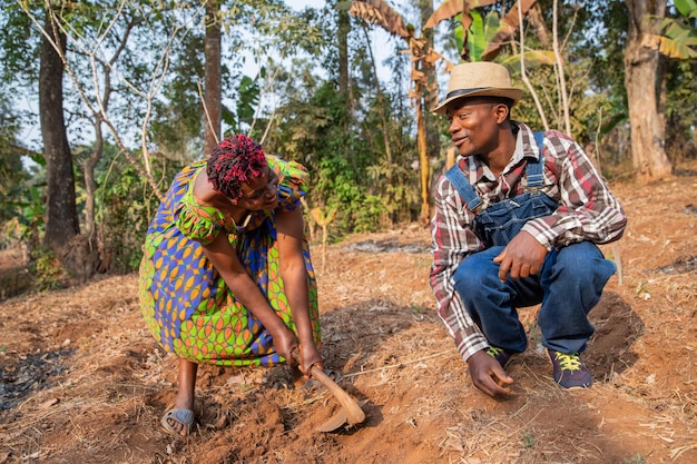 Dois fazendeiros africanos cavam os campos e conversam sobre agricultura na África