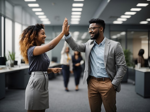 Dois felizes e amigáveis colegas profissionais diversos dando um alto cinco de pé em um escritório