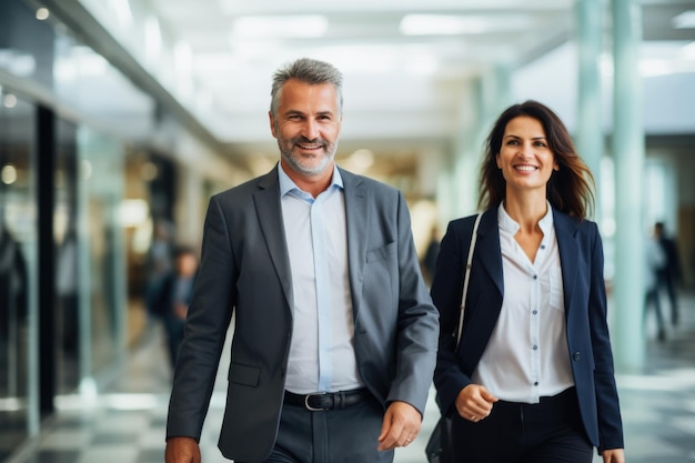 Dois felizes empresários de meia idade sorrindo enquanto caminhavam juntos em um corredor em um escritório moderno