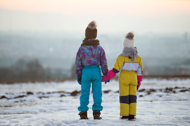 Dois filhos irmão e irmã em pé ao ar livre no campo de inverno coberto de neve, de mãos dadas.