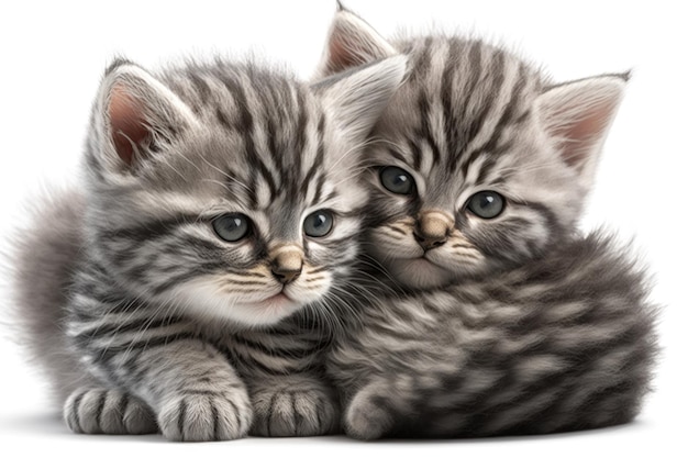 Dois filhotes de gatos bebês se abraçam em um fundo branco IA generativa