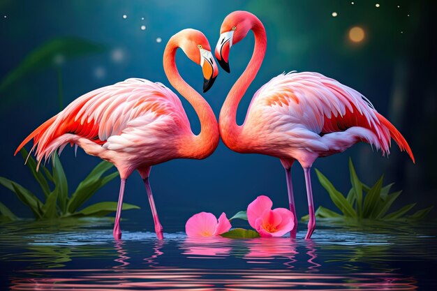 Dois flamingos apaixonados em um fundo escuro