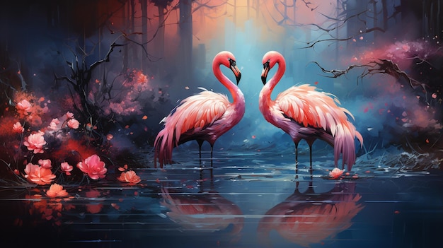 Foto dois flamingos em casal de pé no lago generative ai