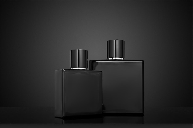 Dois frascos de perfume preto em um fundo preto Maquete do frasco de perfume preto