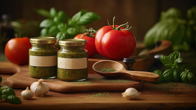 Dois frascos de vidro com pesto verde com ingredientes na cozinha saudável comida imagem generativa AI