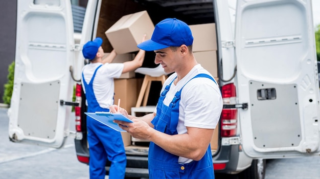 Dois funcionários da empresa de mudanças descarregando caixas do microônibus para a casa dos clientes