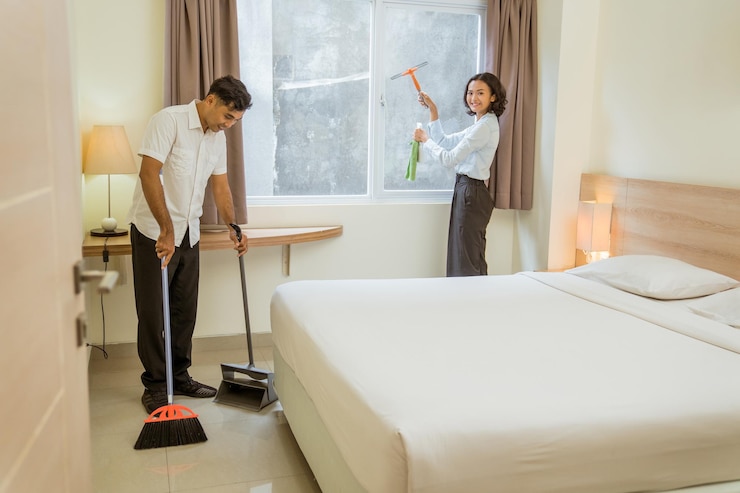 Foto dois funcionários de limpeza trabalhando na limpeza do quarto com equipamentos de limpeza no quarto do hotel