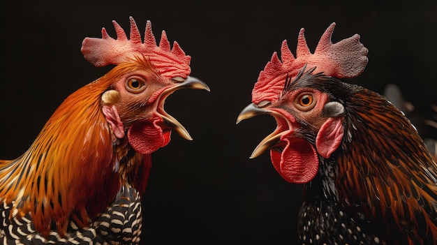 Foto dois galo phasianidae com bicos abertos gritando um ao outro