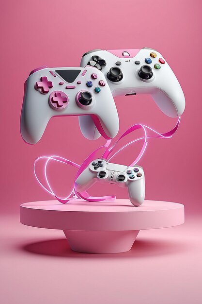 Dois gamepads voadores sobre o pódio em um conceito de fundo rosa para apresentação de publicidade em 3D