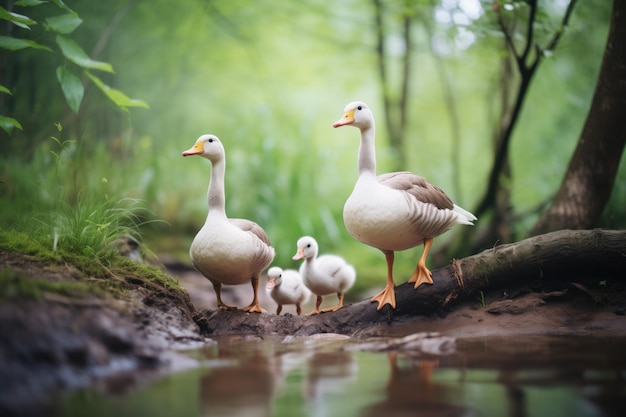 Dois gansos com gansos na borda de uma floresta