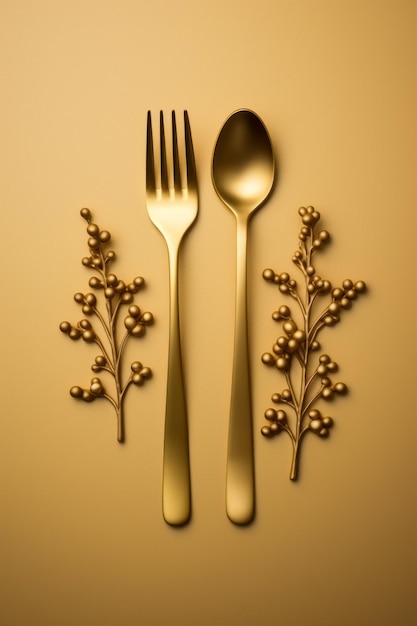 dois garfos e uma colher em um fundo dourado