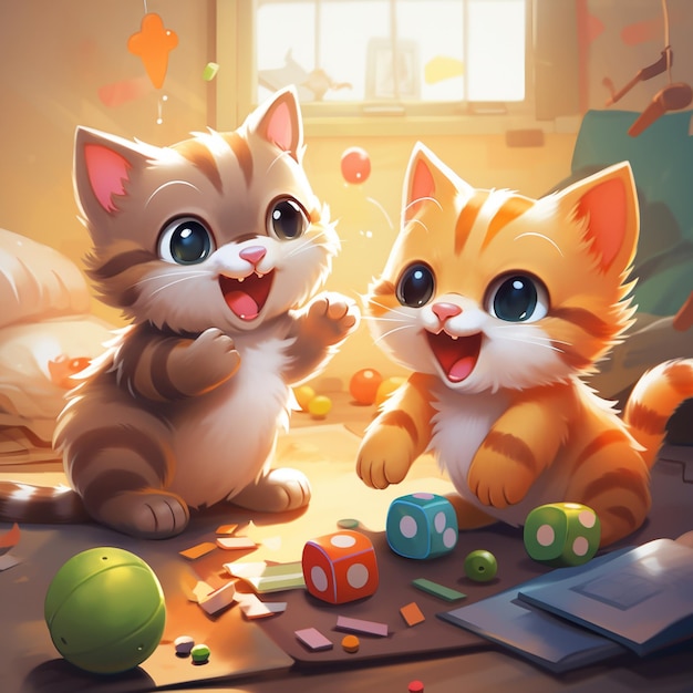 Dois gatinhos adoráveis brincando juntos com brinquedos