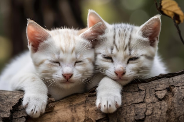 Dois gatinhos adoráveis dormindo em um galho de árvore