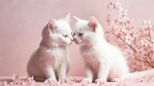 Dois gatinhos brancos com flores de cerejeira em um backgroundgenerative ai marrom