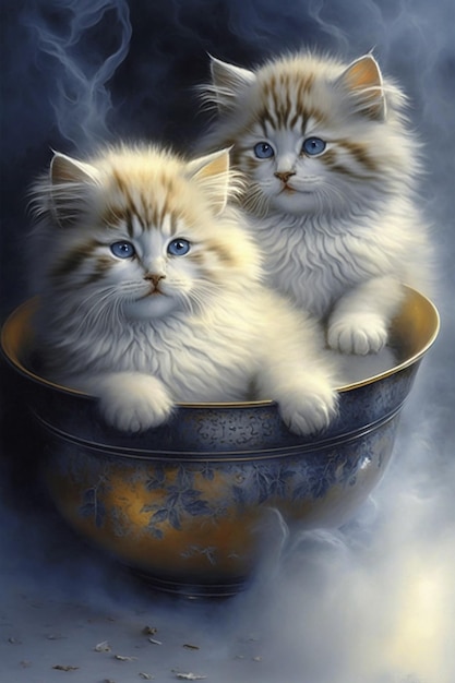 Dois gatinhos brancos fofos sentados em uma tigela azul generativa ai