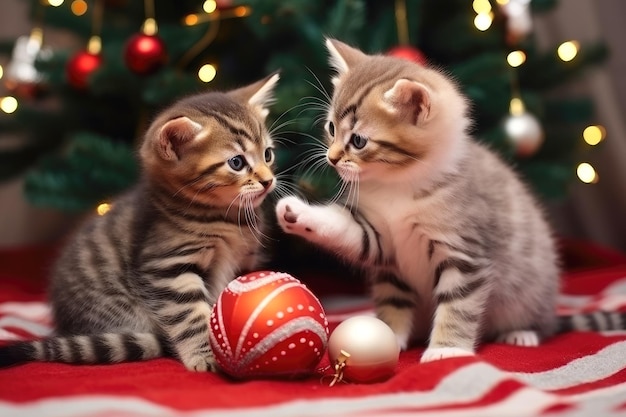 Dois gatinhos brincam com uma bola de Natal no fundo de uma árvore de Natal