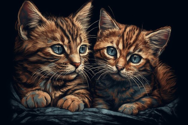 Dois gatinhos em fundo preto Ilustração vetorial Fechamento de dois gatos