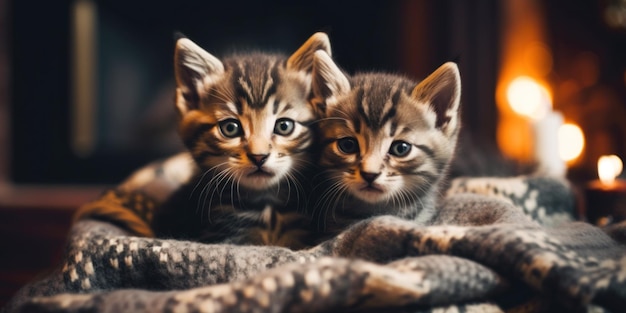 Dois gatinhos sentados em um cobertor em frente a uma imagem de ai generativa de lareira