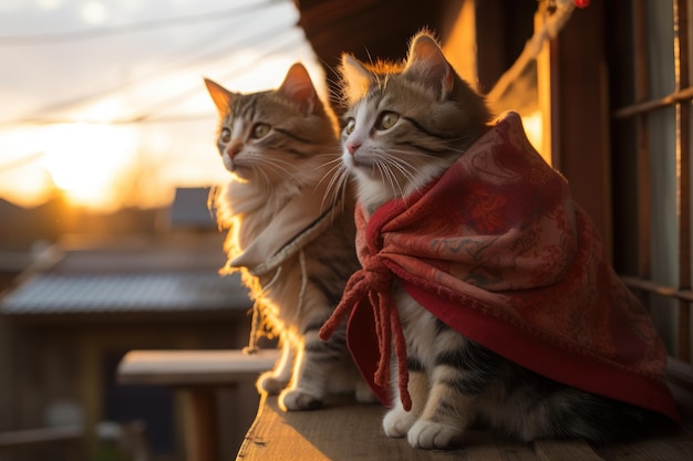 Dois gatinhos sentados olhando o pôr do sol no Japão IA generativa