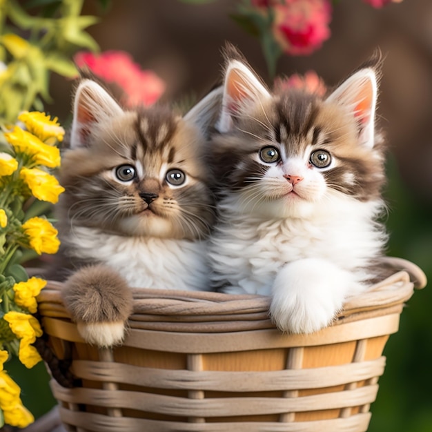 Foto dois gatinhos sentam-se em uma cesta com flores amarelas