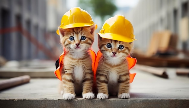 Dois gatinhos usando capacetes em um canteiro de obras