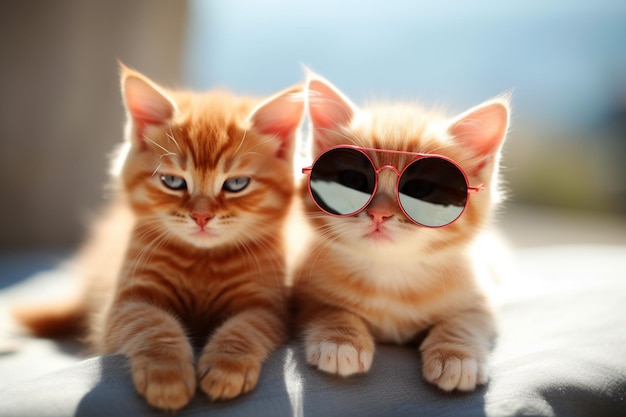 Dois gatinhos usando óculos escuros e deitados na cama