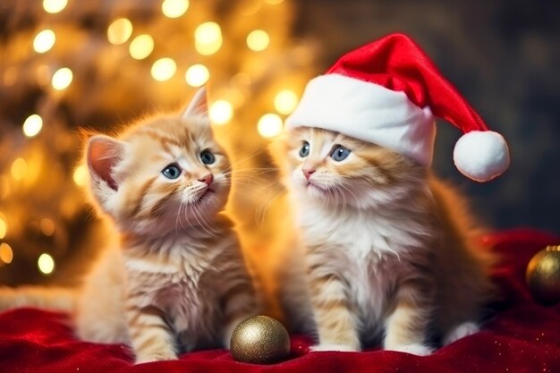 Dois gatinhos vermelhos fofos com um chapéu de Ano Novo contra o fundo do bokeh e uma árvore de Natal
