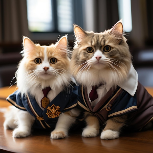 Dois gatos bonitos em uniforme escolar sentados em uma mesa