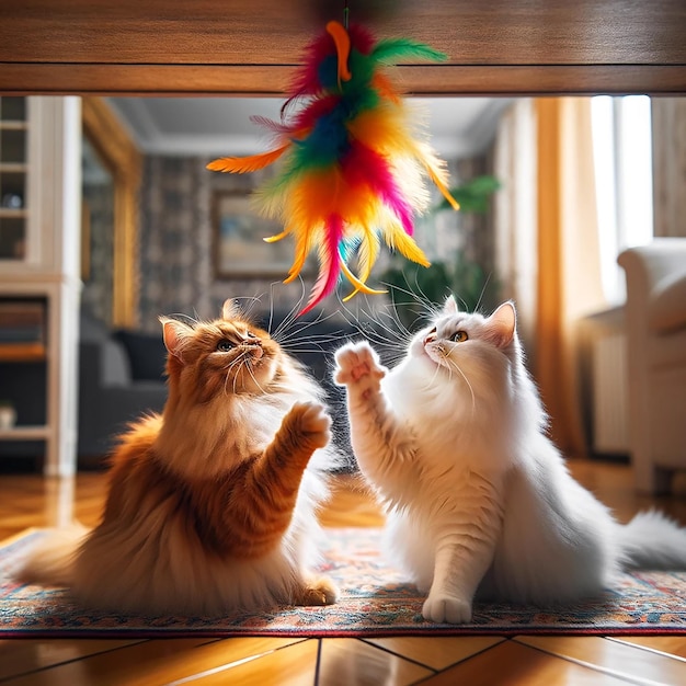 Dois gatos brancos e vermelhos estão brincando lutando e competindo por um brinquedo de penas