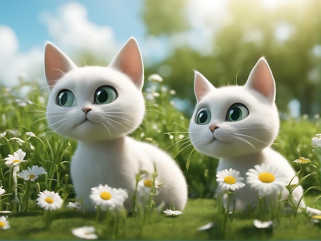 Foto dois gatos brancos em um campo de grama com flores.