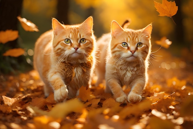 Dois gatos brincalhões em um ambiente vibrante de outono cercados por um tapete colorido de folhas caídas