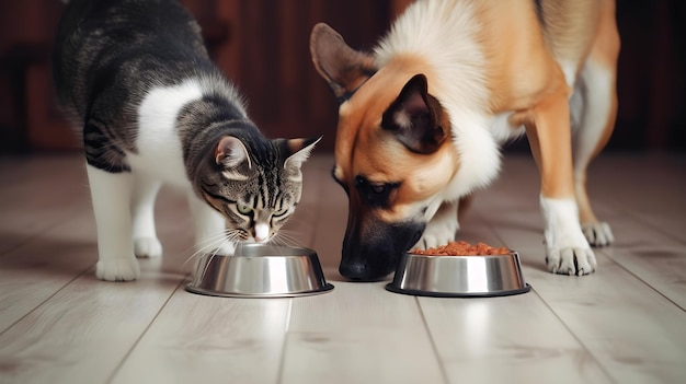 Dois gatos comendo comida de uma tigela